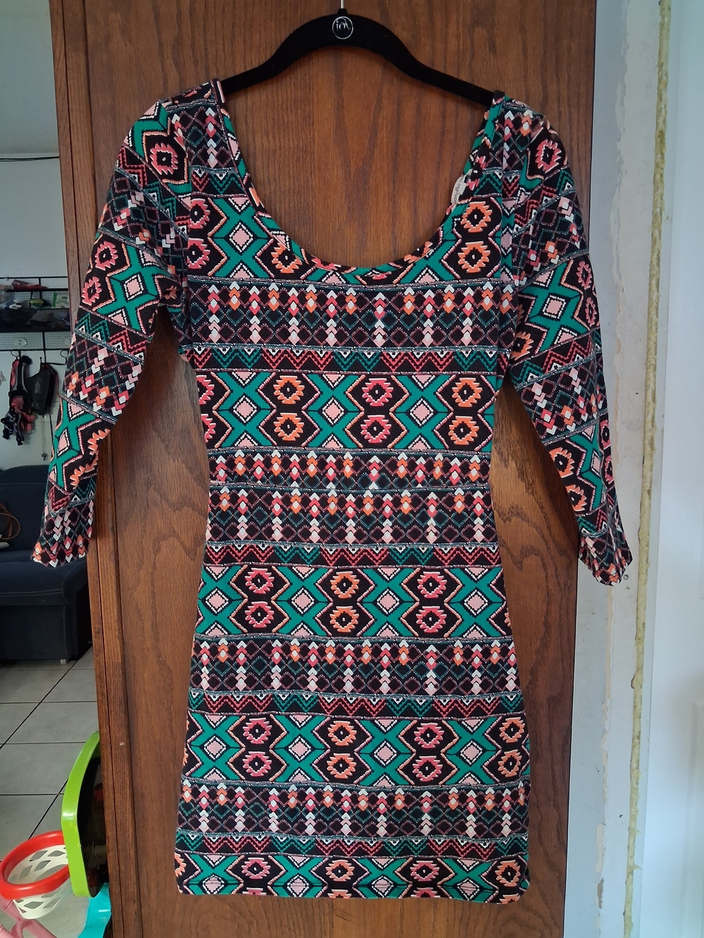 Charlotte Russe Teal & Coral Patterned Long Sleeve Bodycon Dress